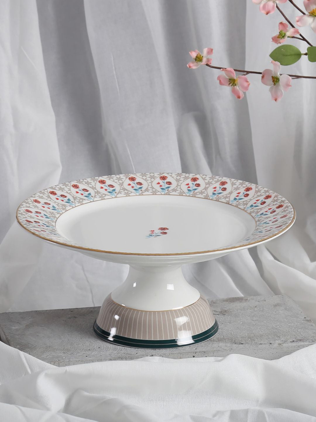 CLAY CRAFT  White & Metallic Toned Bone China Cake Stand with 22KT Liquid Gold