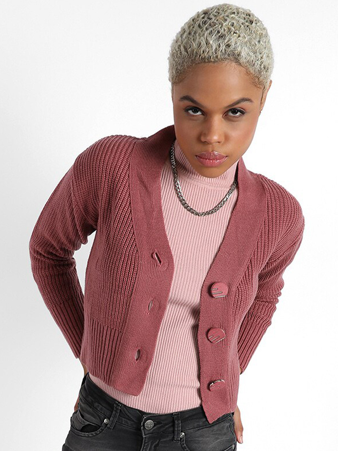 Campus Sutra Pink Ribbed V-Neck Woollen Cropped Cardigan