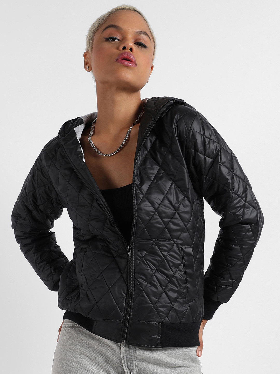 Campus Sutra Black Windcheater Long Sleeves Outdoor Hooded Quilted Jacket