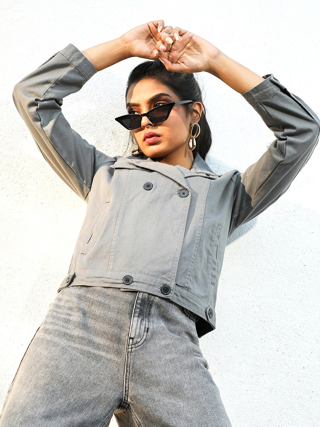 Campus Sutra Grey Lapel Collar Long Sleeves Windcheater Denim Jacket