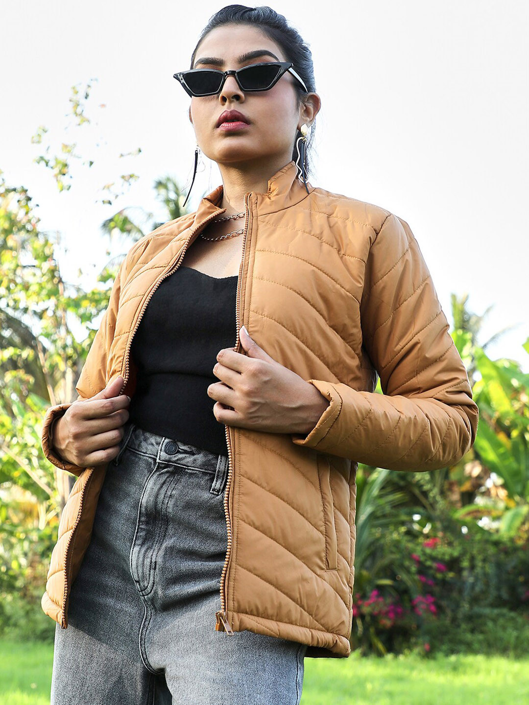 Campus Sutra Brown Mock Collar Windcheater Padded Jacket