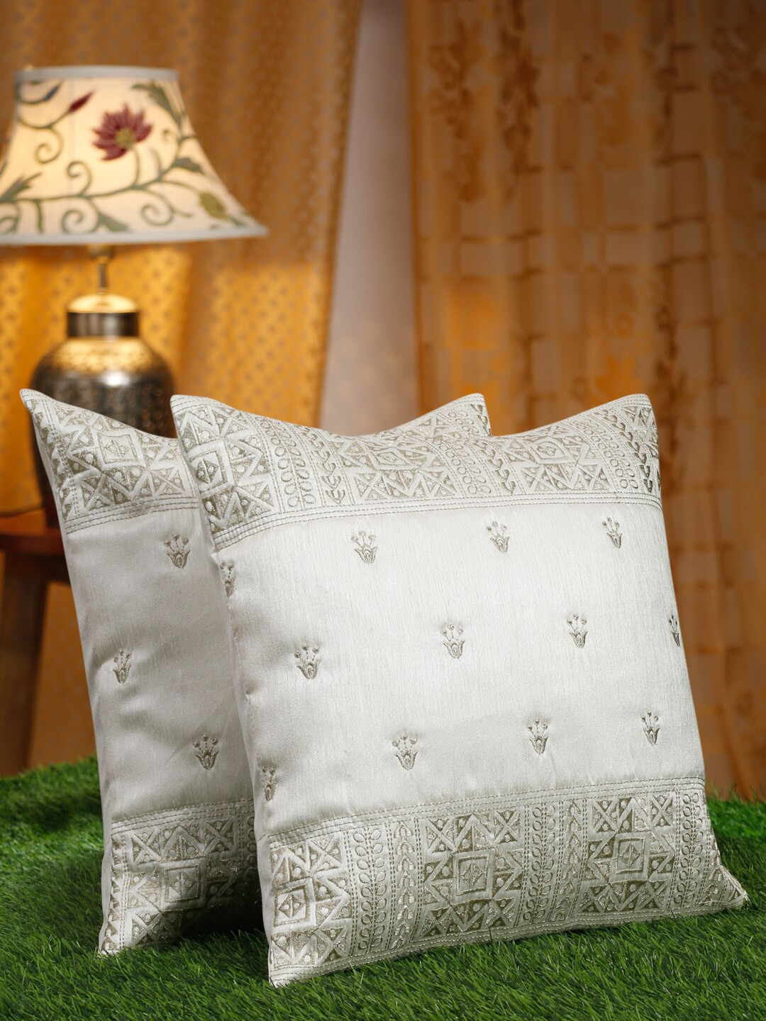 HOSTA HOMES Embellished White Embroidered Silk Washable 2 Pcs Cushion Covers -24x24In