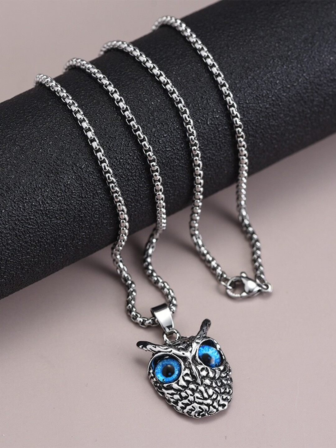 KRYSTALZ Silver-Plated Blue Eyes Owl Oxidised Pendant With Chain