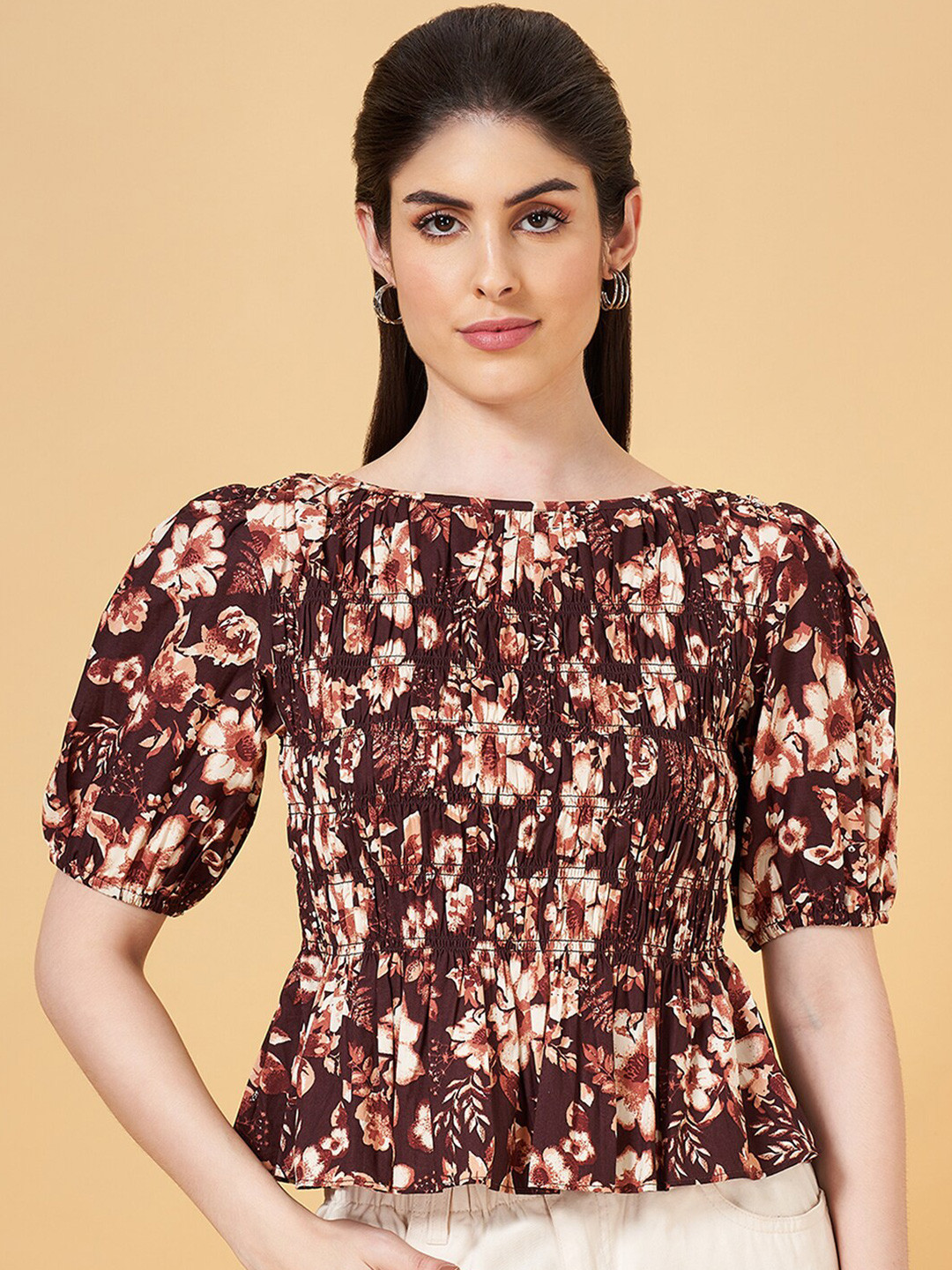 Honey by Pantaloons Floral Printed Boat Neck Puff Sleeves Smocked Cotton Regular Top