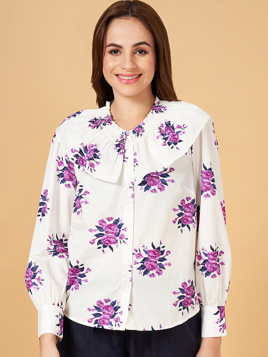 Honey by Pantaloons Floral Printed Cuffed Sleeves Gathered Detailed Cotton Shirt Style Top