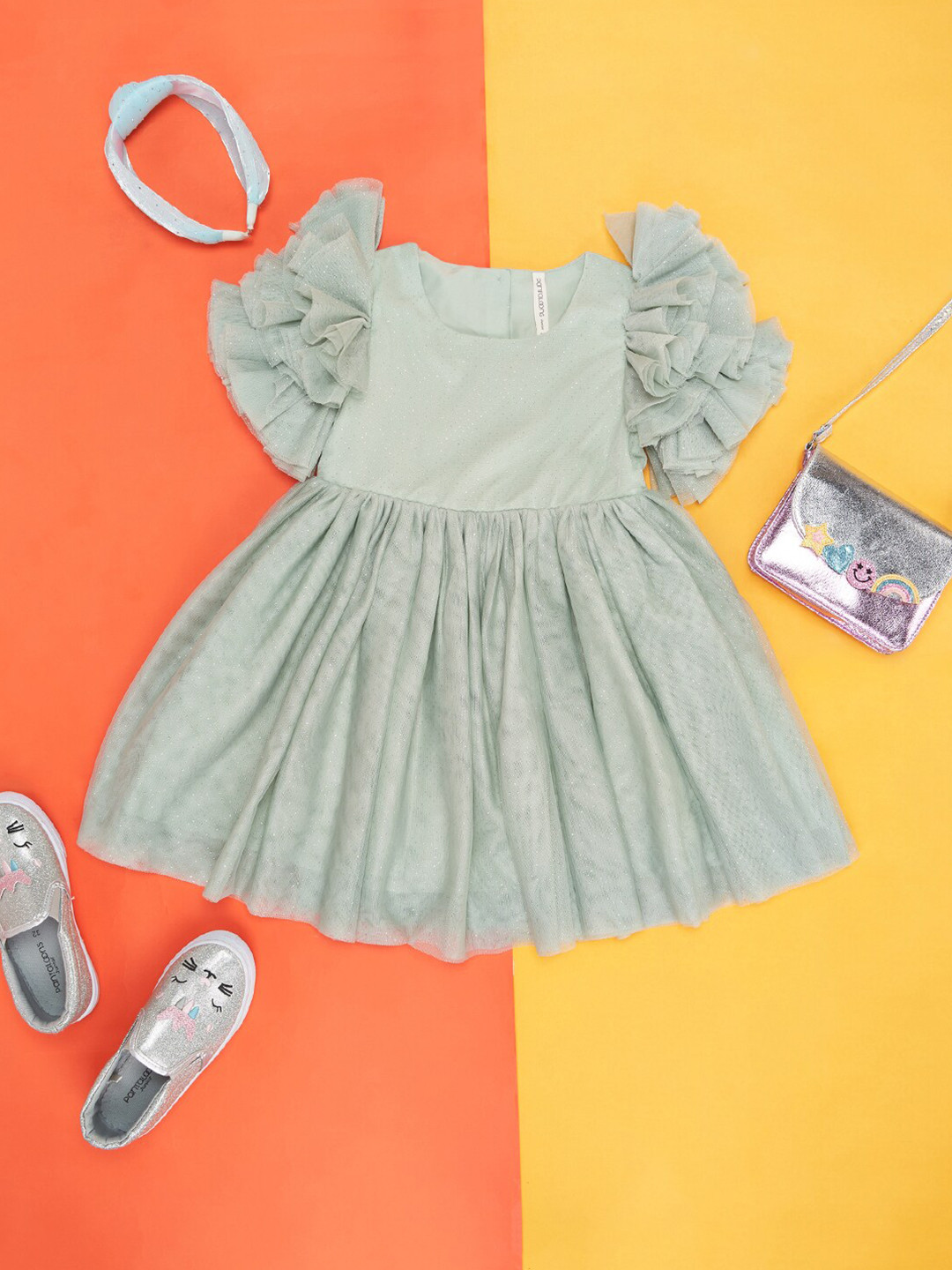 Pantaloons Junior Girls Flared Sleeve Ruffles Cotton Fit & Flare Dress