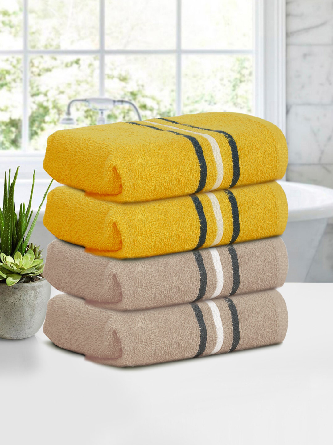 Cortina Yellow & Beige 4 Pieces 380GSM Cotton Hand Towels