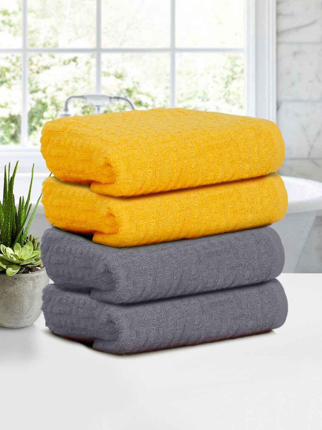 Cortina Yellow & Grey 4 Pieces Jacquard 500 GSM  Hand Towels