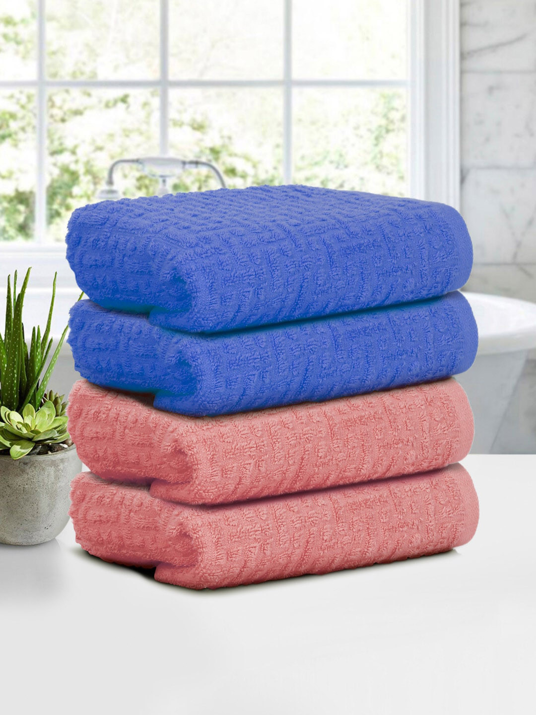 Cortina Blue & Peach Colored 4 Pieces Jacquard 500 GSM  Hand Towels