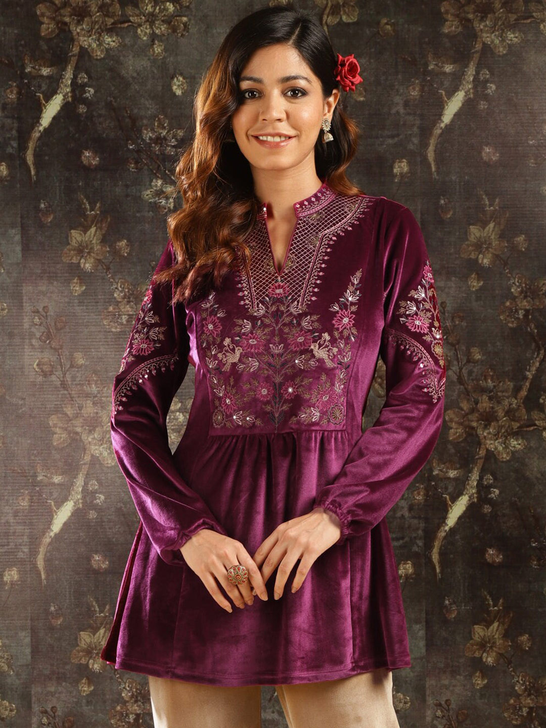 Lakshita Floral Embroidered Velvet Kurti