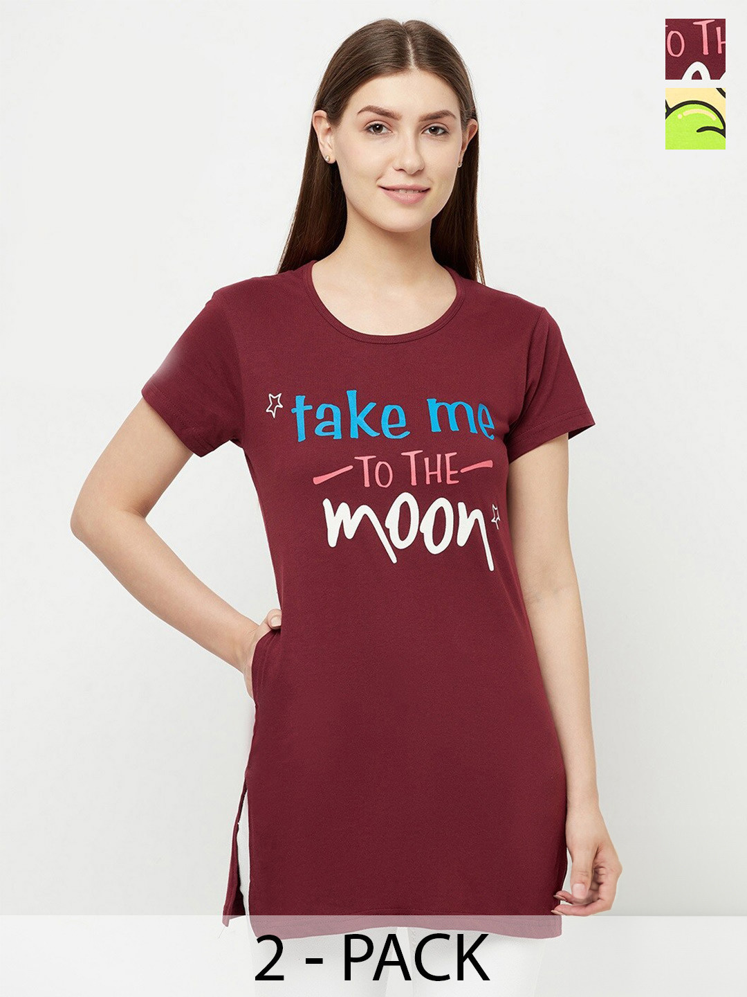 T.T. Pack Of 2 Typography Printed Cotton Longline T-Shirts