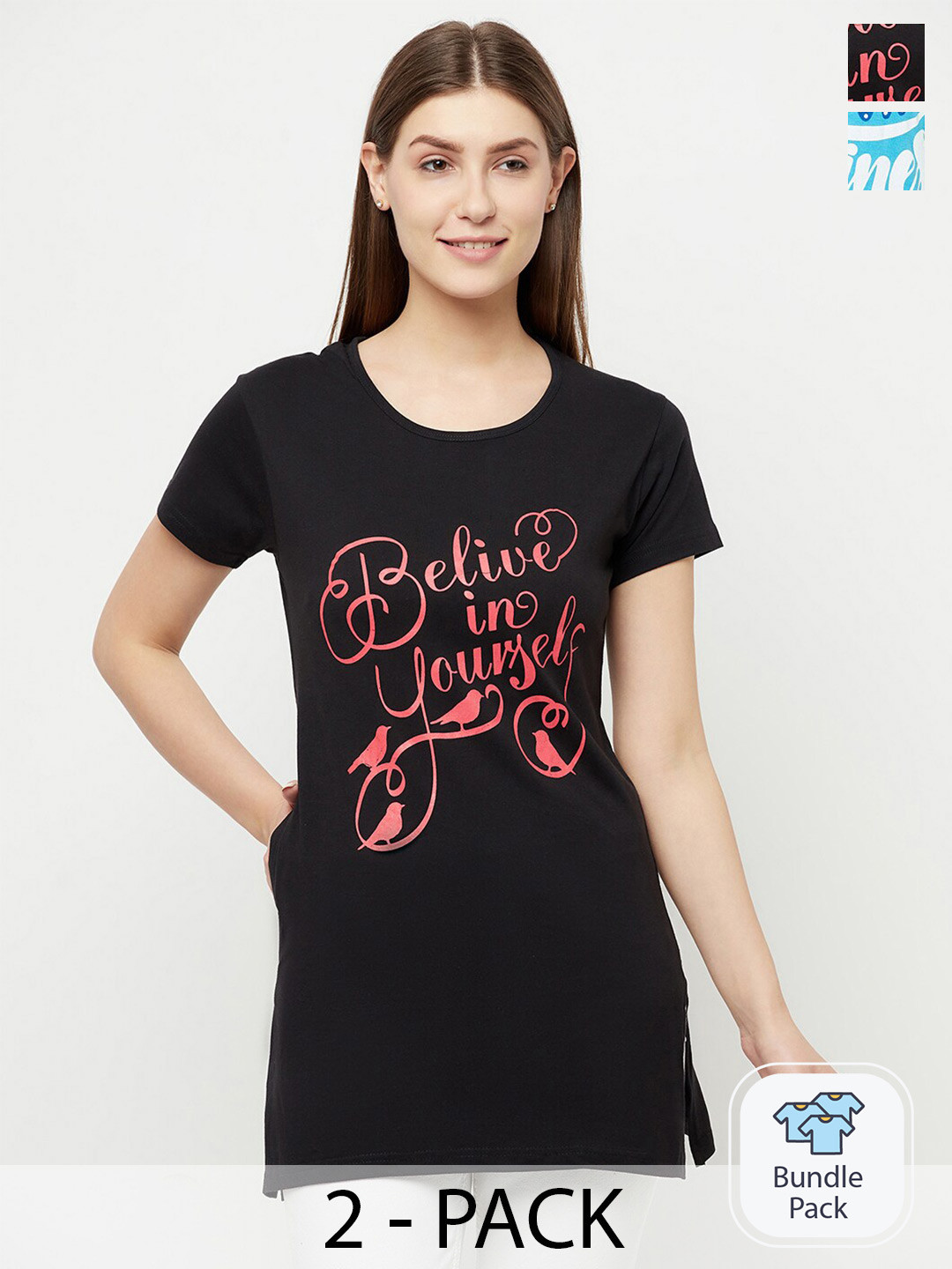 T.T. Pack of 2 Typography Printed Cotton Longline T-shirts