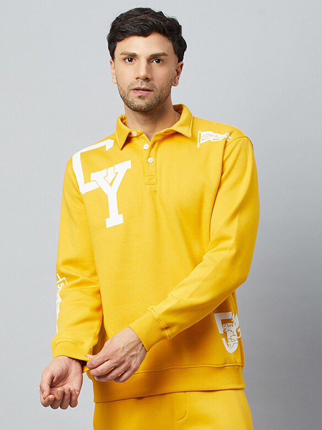Club York Typography Printed Shirt Collar Cotton Pullover