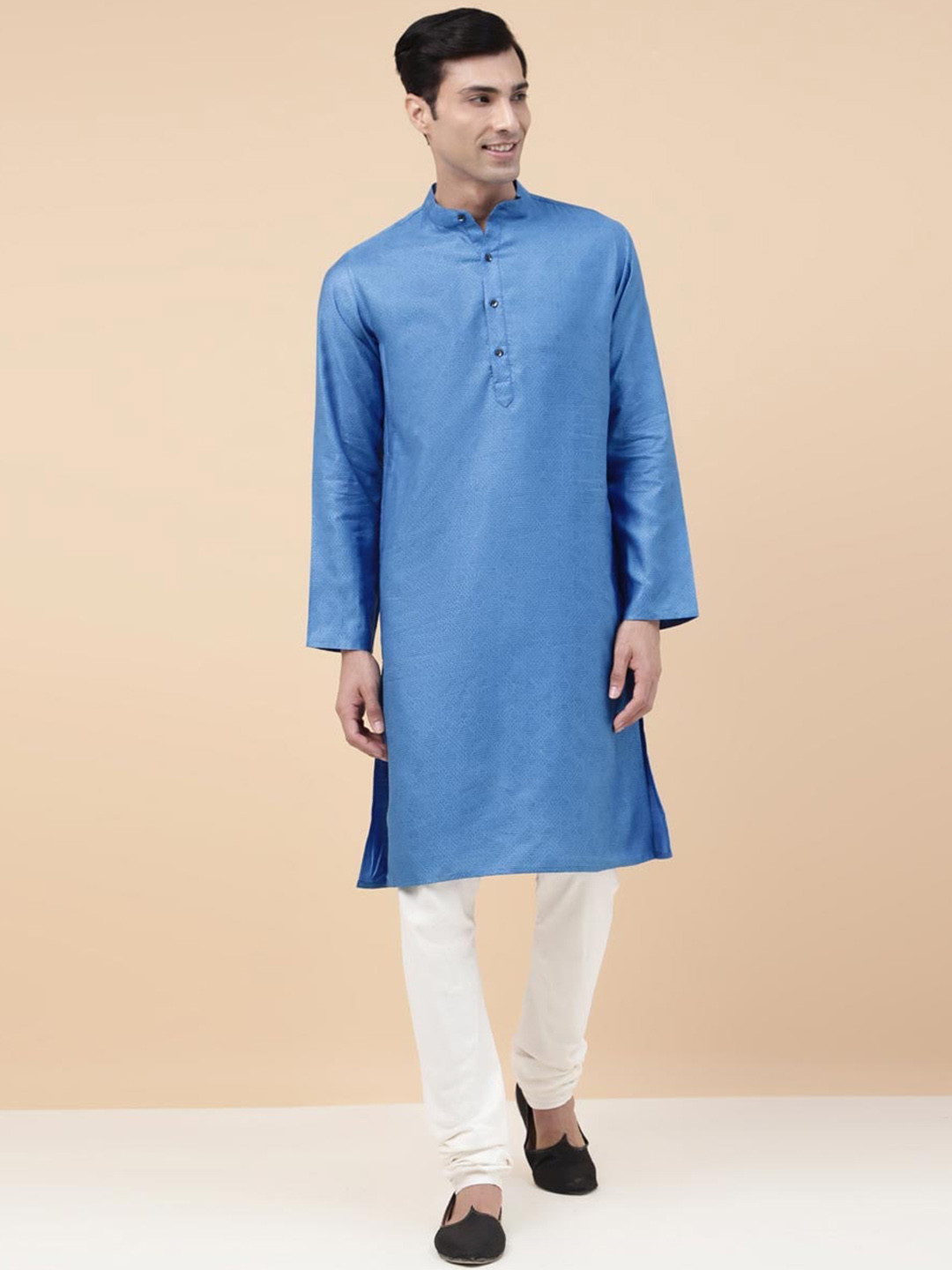 Fabindia Geometric Block Printed Band Collar Slim Fit Straight Kurta