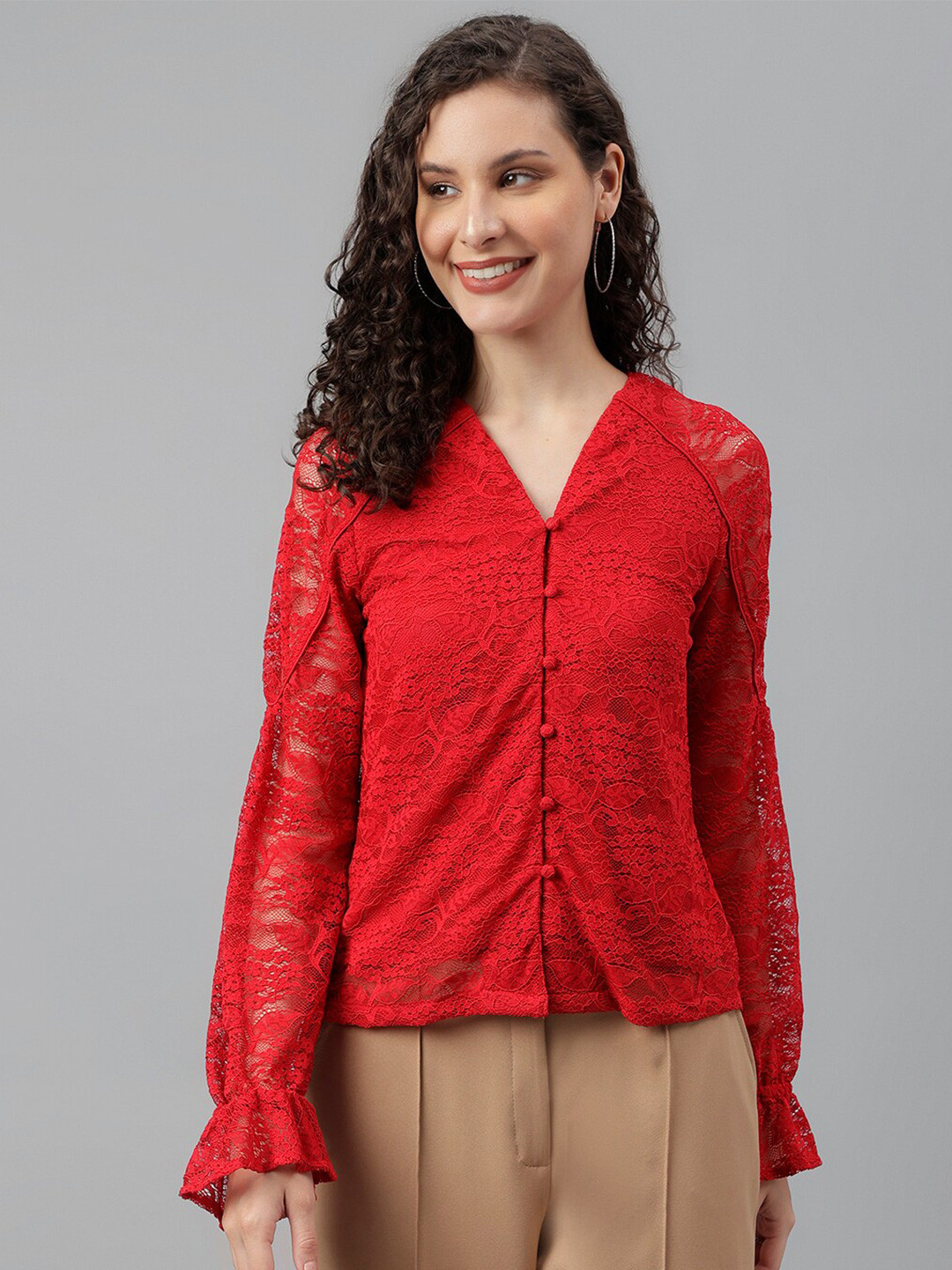 Latin Quarters Self Design V-Neck Lace Shirt Style Top