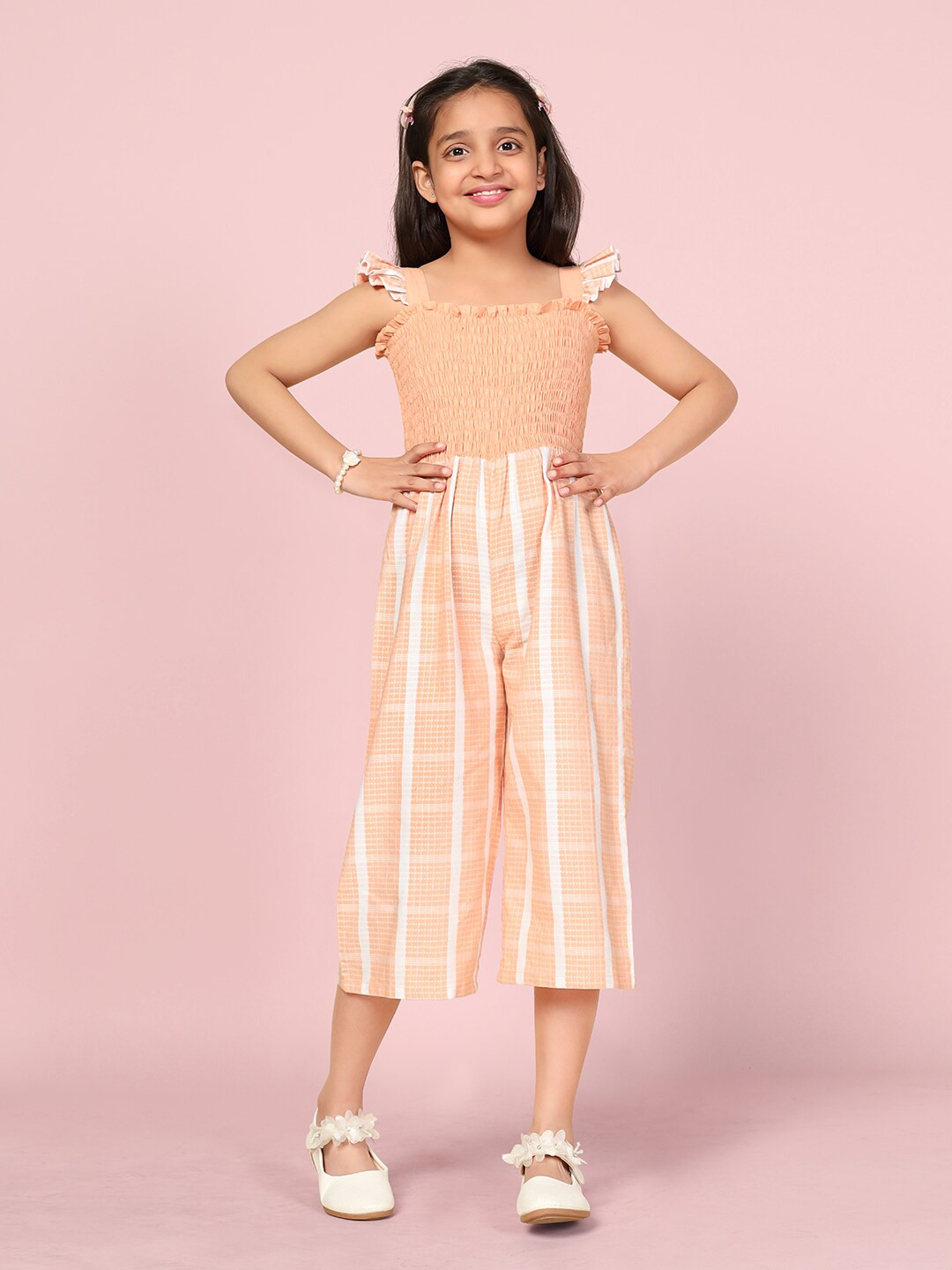 FASHION DREAM Girls Checked Square Neck Smocked Cotton Capri Jumpsuit
