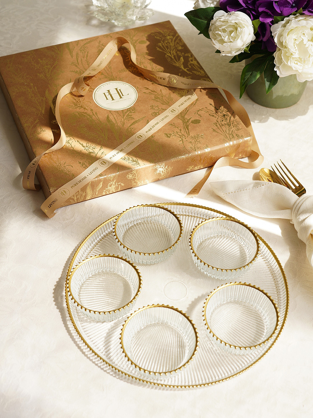 Pure Home and Living 6 Pcs Transparent & Golden Ribbed Bowls With Plate