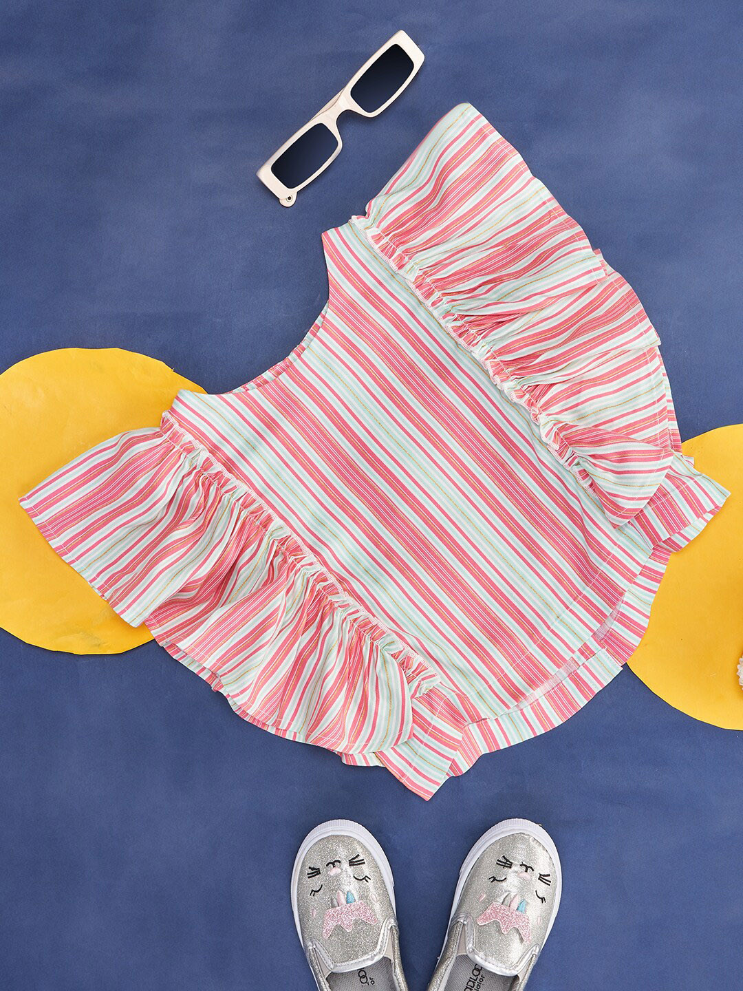 Pantaloons Junior Girls Candy Striped Flutter Sleeve Regular Top