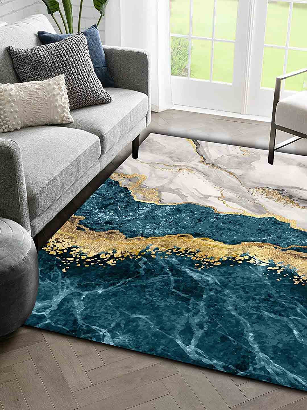 Sparrow world Teal-Green & Grey Printed Anti-Skid Carpet
