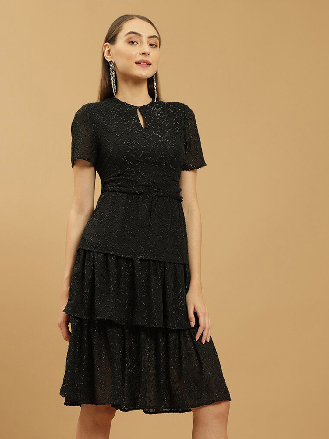 Beatnik Self Design Keyhole Neck A-Line Dress