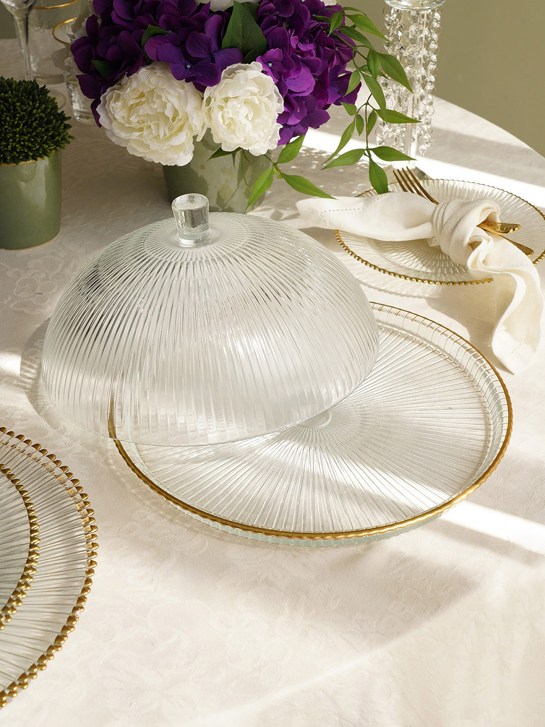 Pure Home and Living Transparent 2 Pieces Ribbed Glass Cloche with Plate