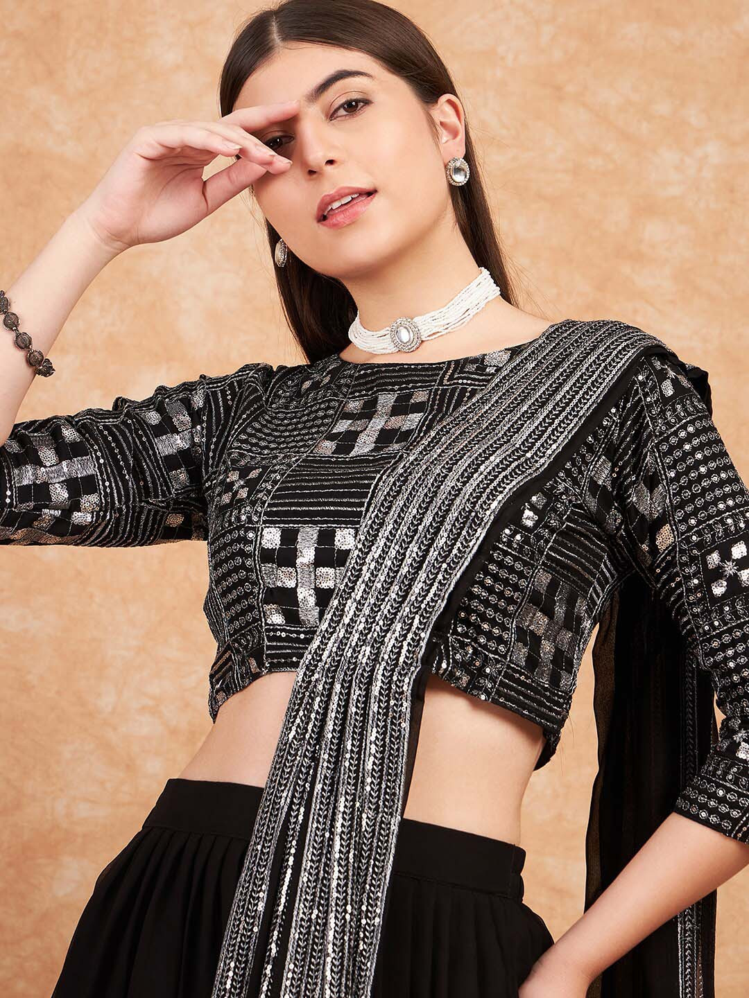 Sangria Sequence Embroidered Flared Lehenga Choli with Dupatta