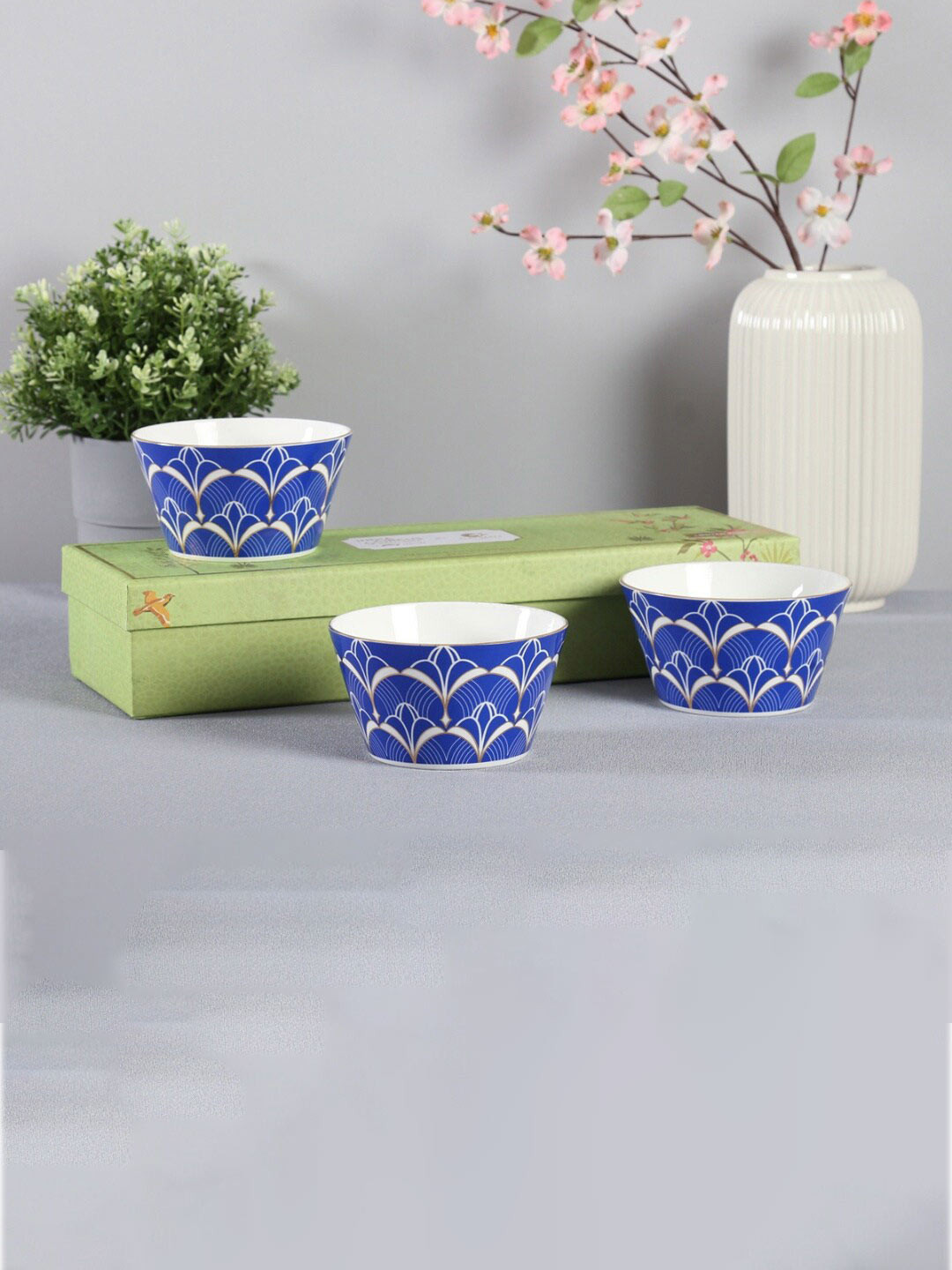 CLAY CRAFT  3 Pieces Blue & White Ethnic Motifs Printed Bone China Bowls - 470 ML Each