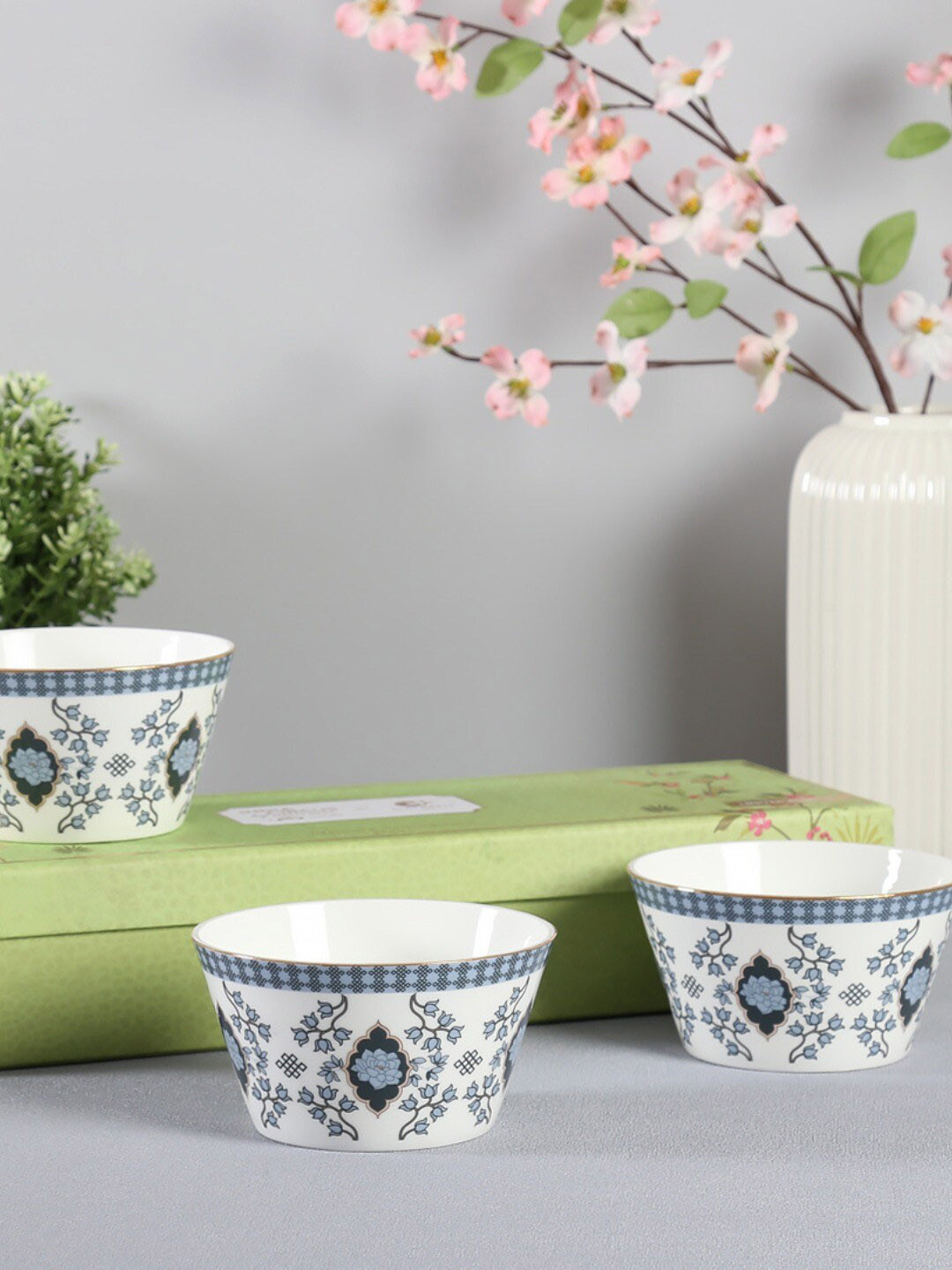 CLAY CRAFT  White & Blue 3 Pieces Floral Printed Bone China Glossy Bowls