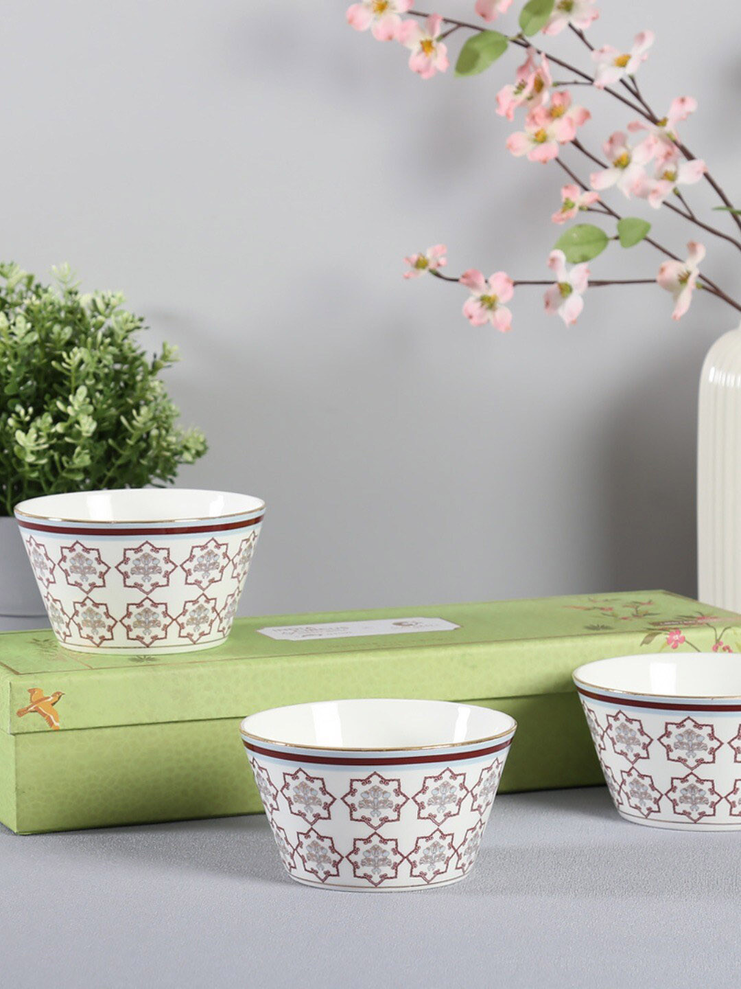 CLAY CRAFT  White 3 Pieces Printed Bone China Nikko Snack Bowls  - 470 ml Each