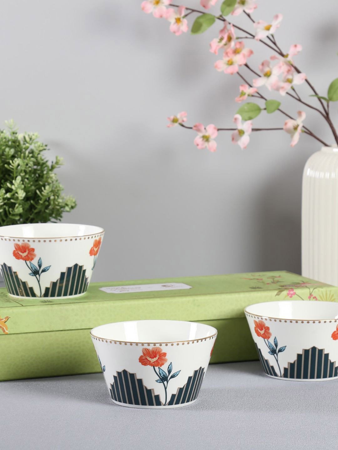CLAY CRAFT  White & Black 3 Pieces Floral Printed Bone China Glossy Bowls
