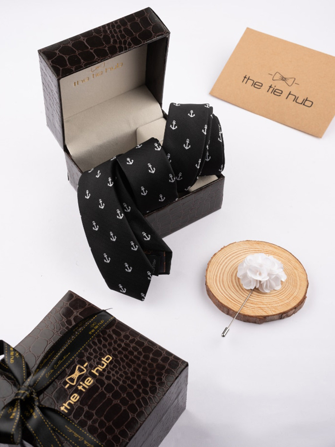 The Tie Hub Men Anchor Printed Necktie With Flower Lapel Pin