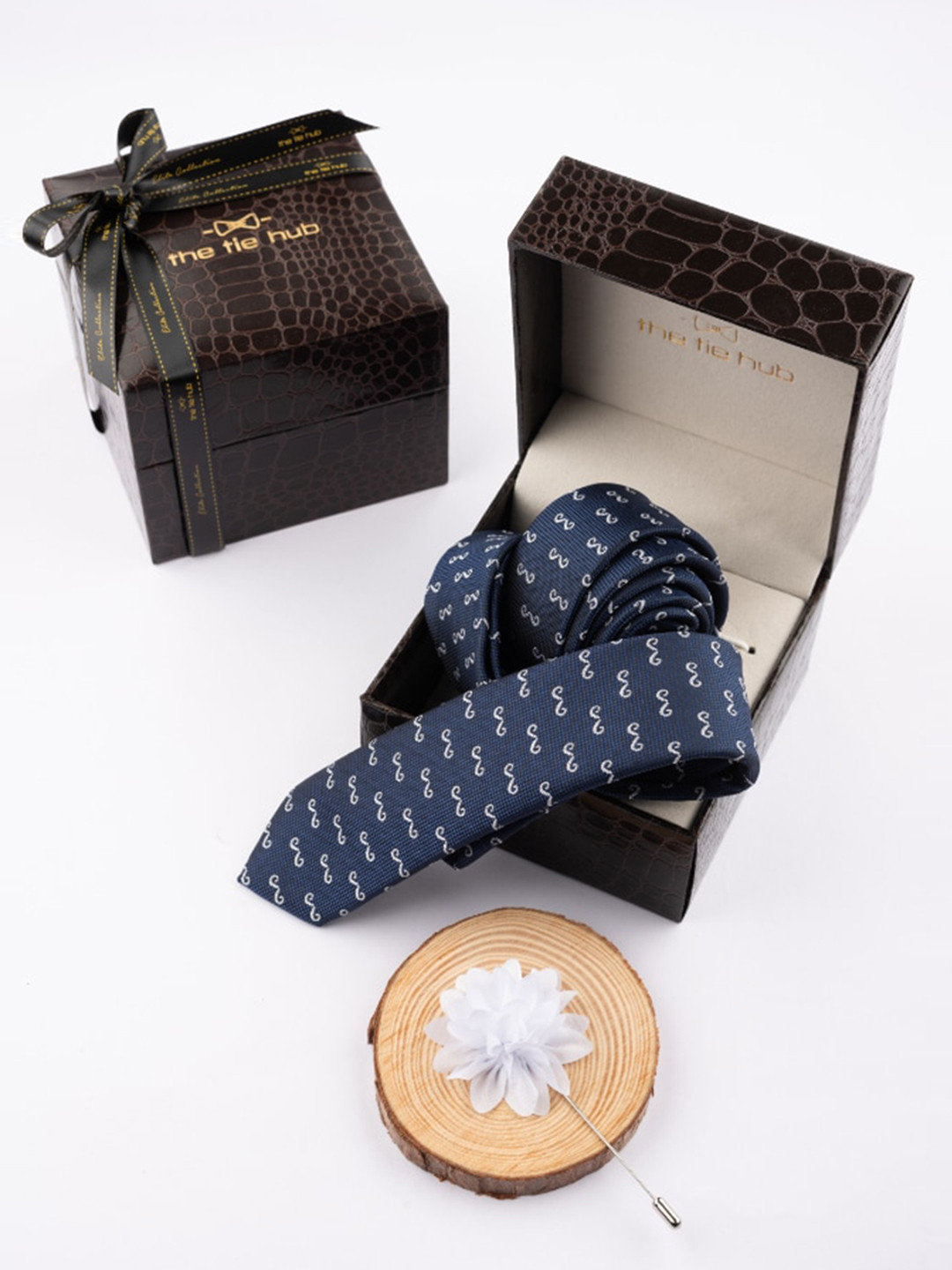 The Tie Hub Men Moustache Printed Microfiber Tie & Flower Lapel Pin Accessory Gift Set