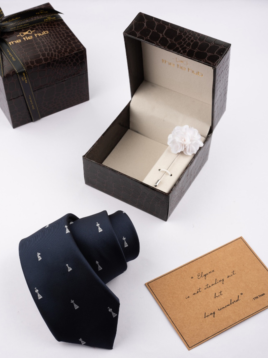 The Tie Hub Men Printed Necktie & Flower Lapel Pin Accessory Gift Set