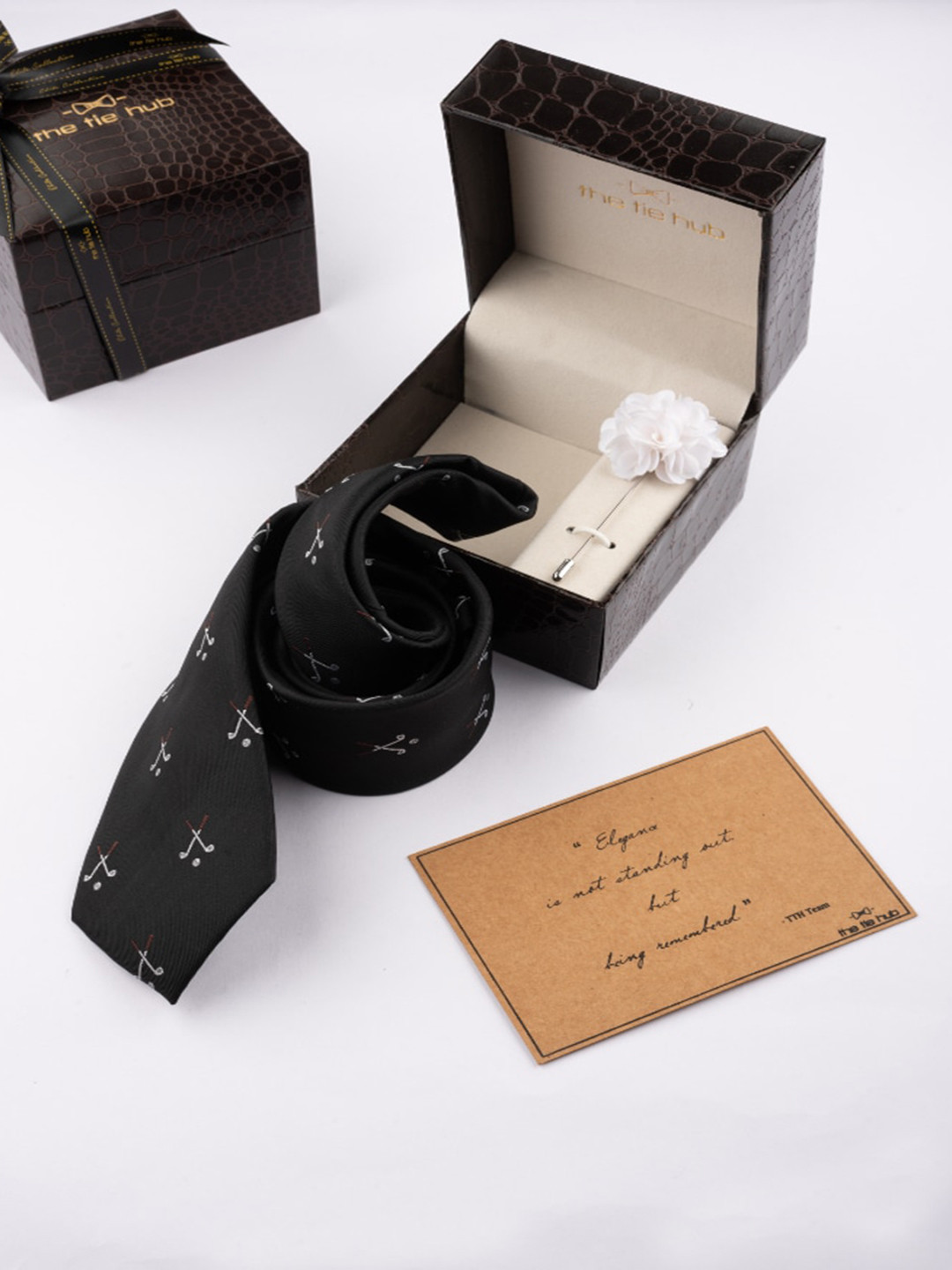 The Tie Hub Men Golf Printed Necktie With Flower Lapel Pin Accessory Gift Set