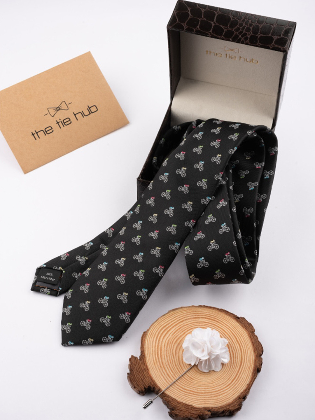 The Tie Hub Men Conversational Printed Necktie With Flower Lapel Accessory Gift Set