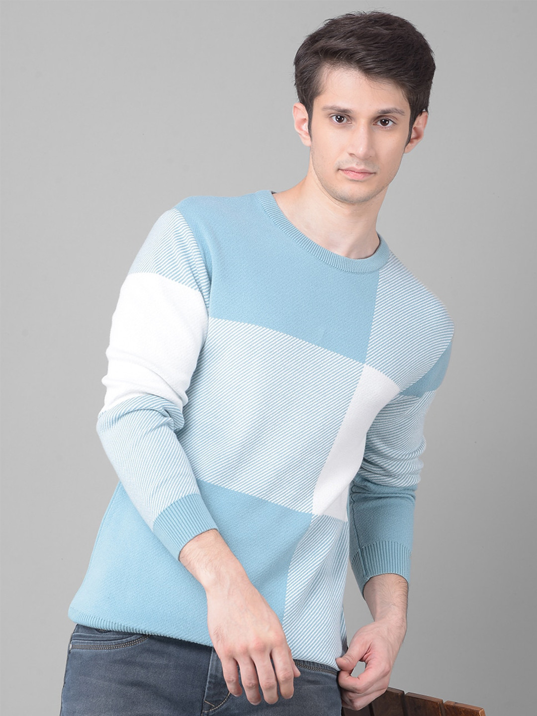 Crimsoune Club Checked Ribbed Pure Cotton Pullover Sweater