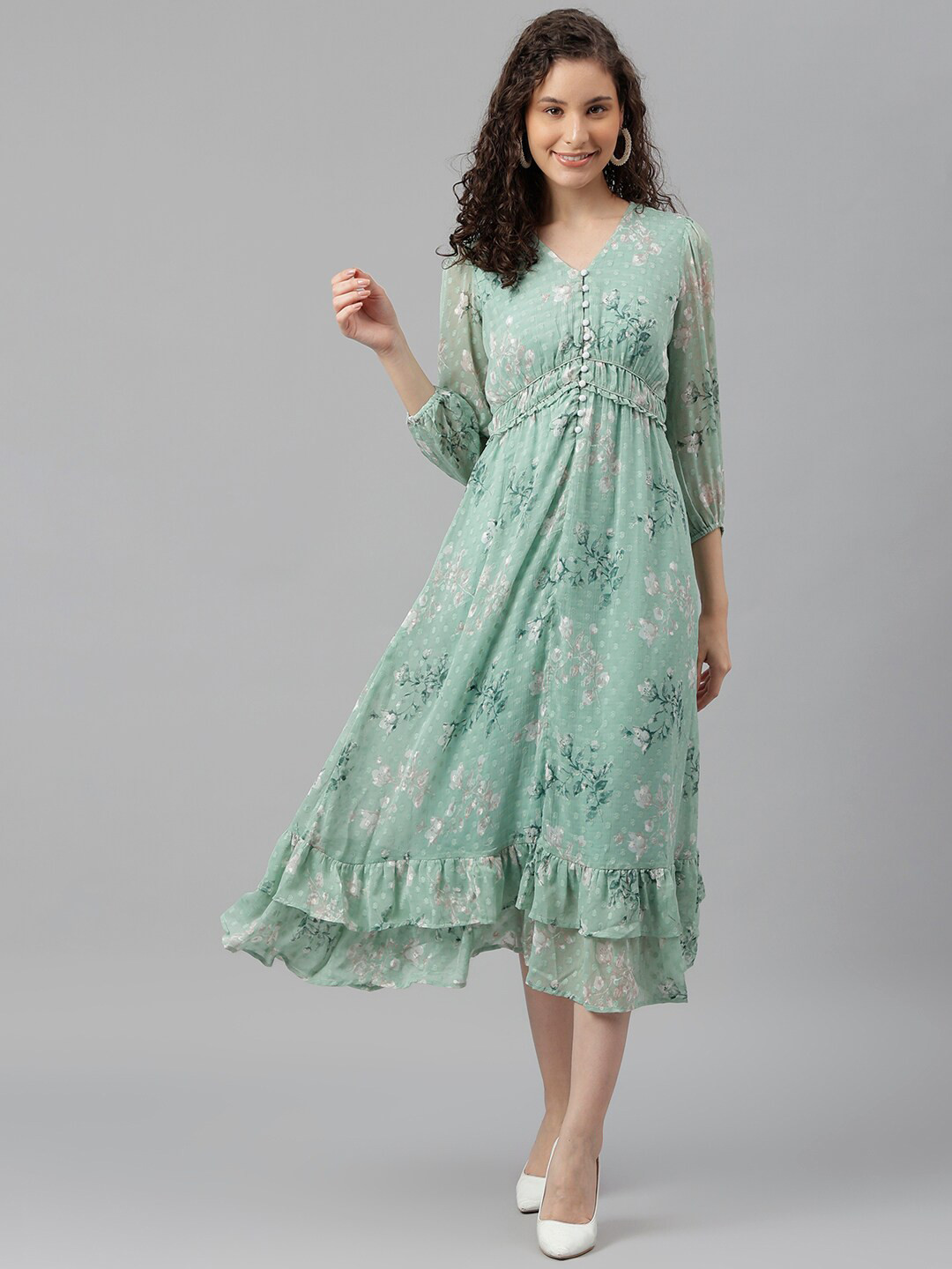 Latin Quarters Floral Printed V-Neck Gathered & Tiered Detail Empire Midi Dress