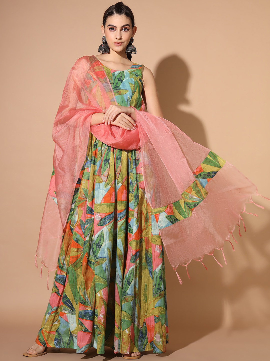 Cation Green Ethnic Motif Printed Anarkali Kurta With Dupatta
