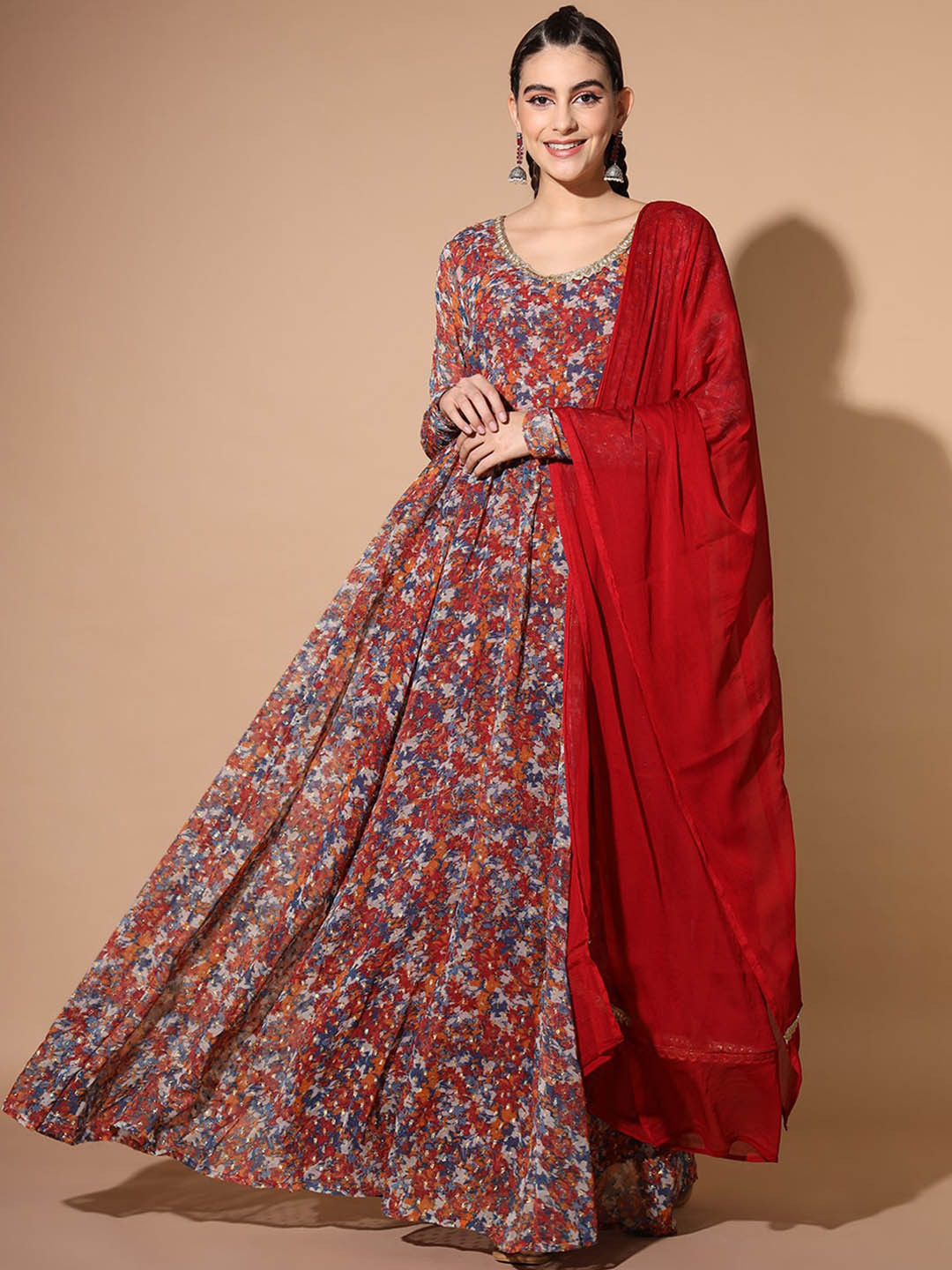 Cation Maroon Abstract Printed Fit and Flare Ethnic Dresses With Dupatta