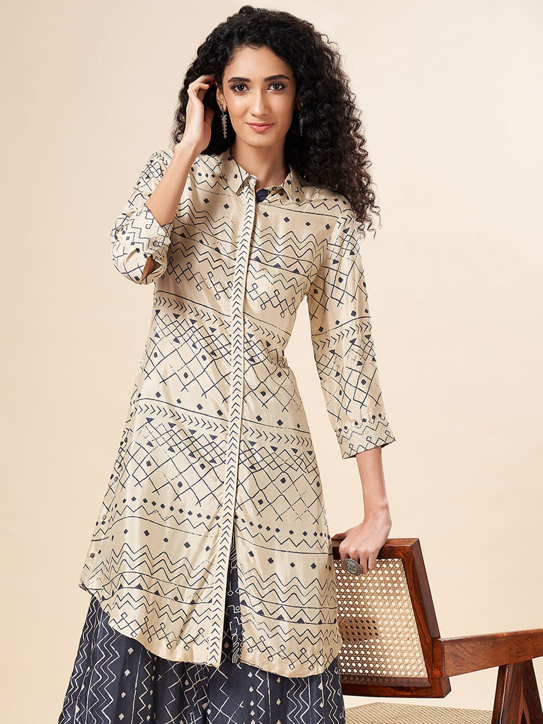 Marigold Lane Tribal Printed Shirt Collar Silk Tunic