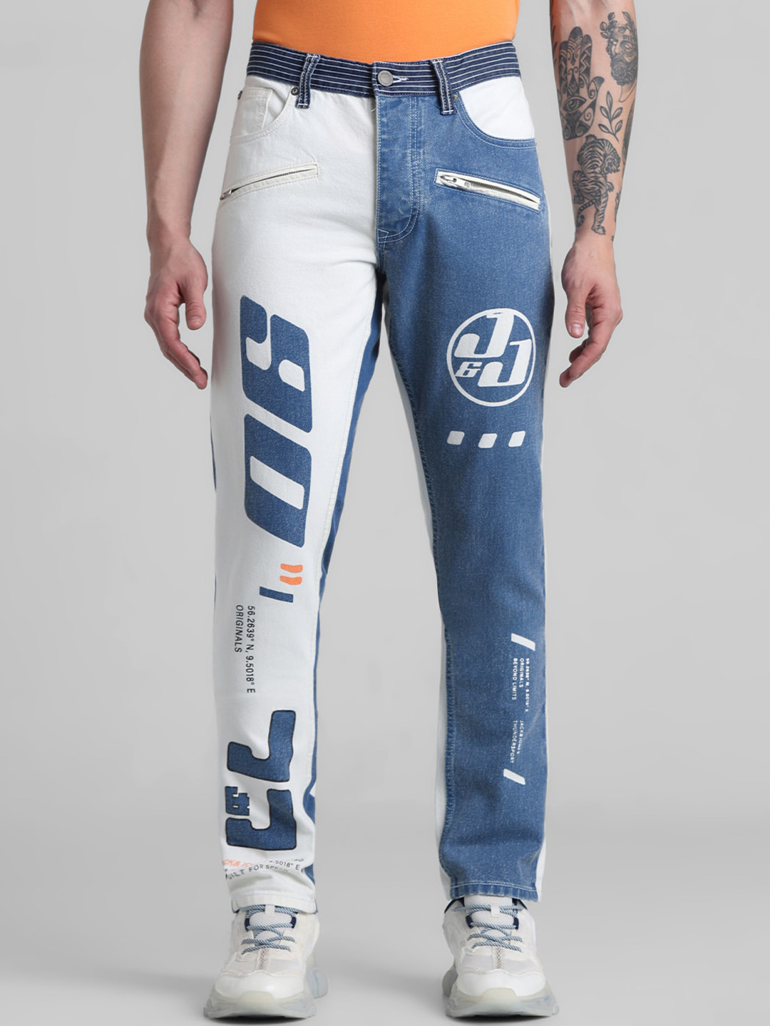 Jack & Jones Men Tim Slim Fit Low-Rise Clean Look Colourblocked Jeans