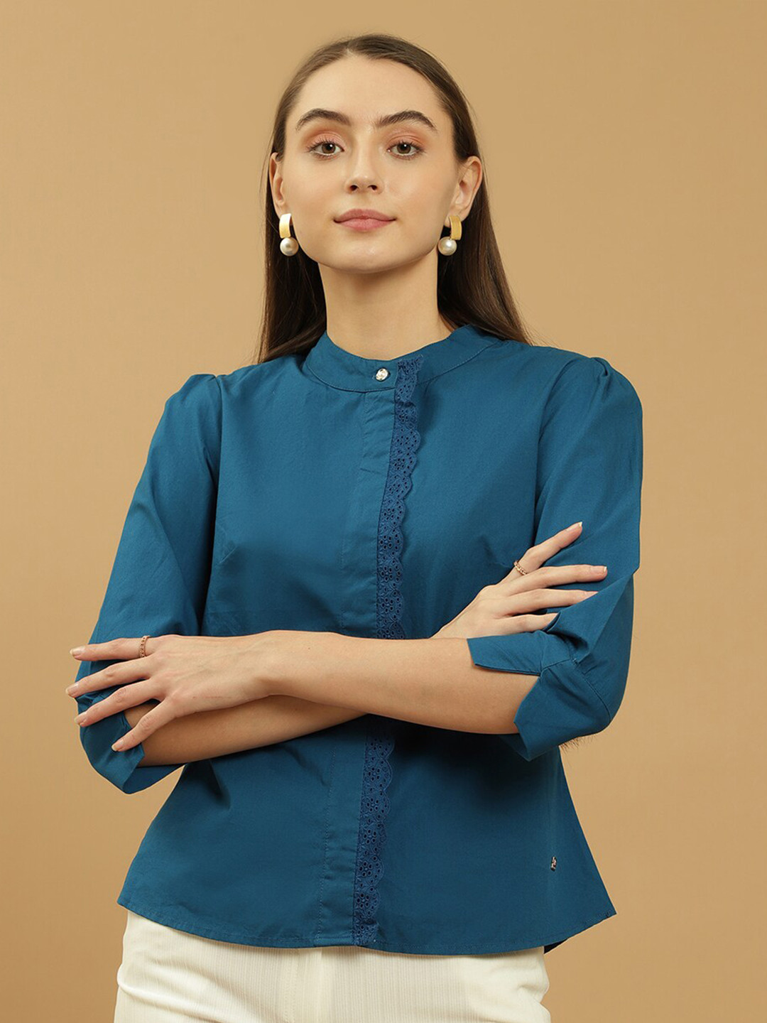 Beatnik Band Collar Puff Sleeves Cotton Shirt