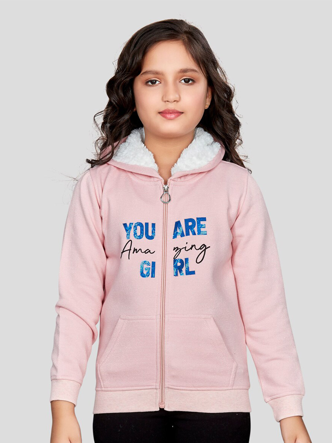 Peppermint Girls Typography Printed Hooded Front-Open Sweatshirt