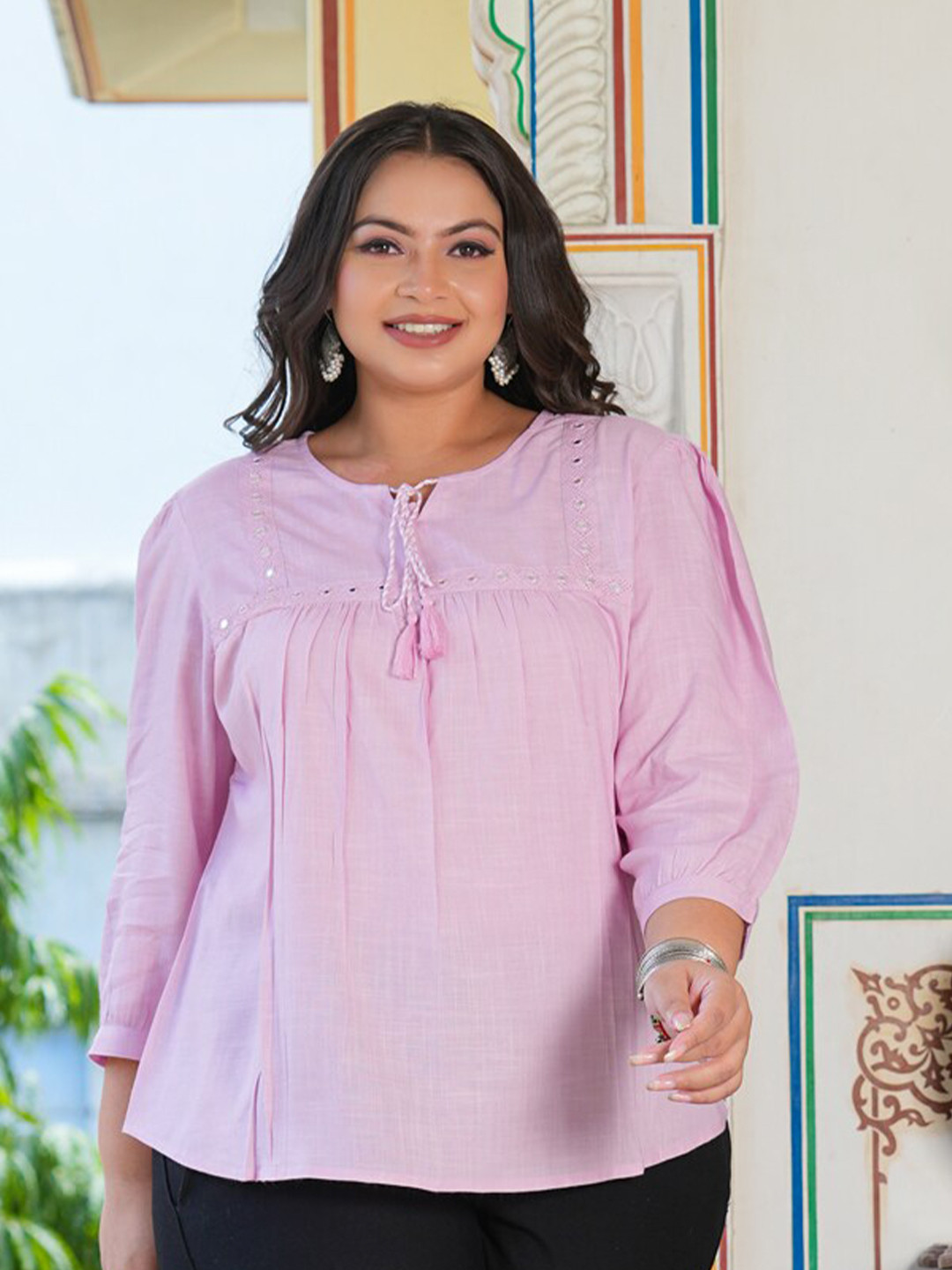 YASH GALLERY Plus Size Tie-Up Neck Mirror Work Cotton Top