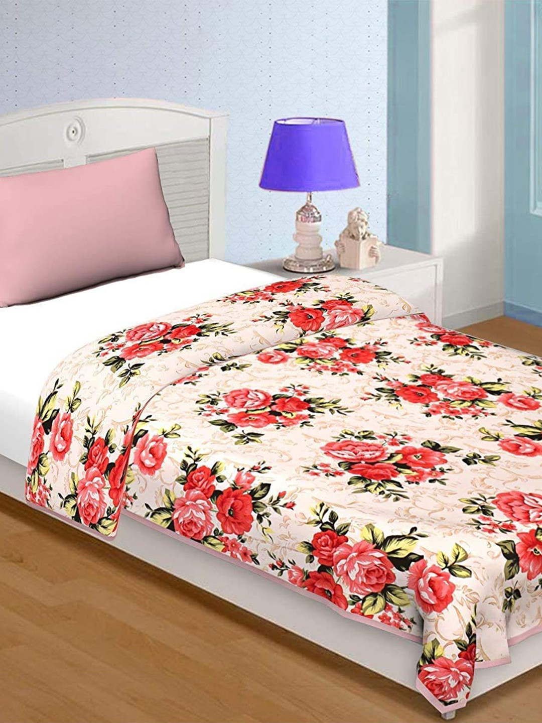 COZYEXPORTS White & Red Floral 200 GSM AC Room Cotton Single Bed Dohar