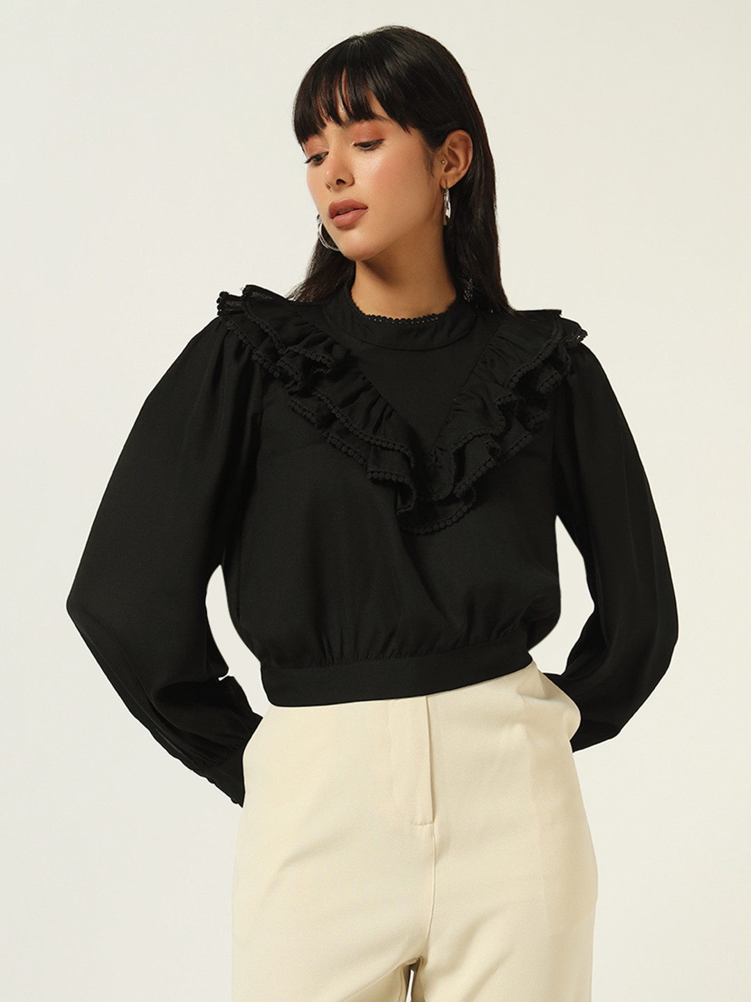 Beatnik High Neck Ruffled Cuffed Sleeves Crop Regular Top