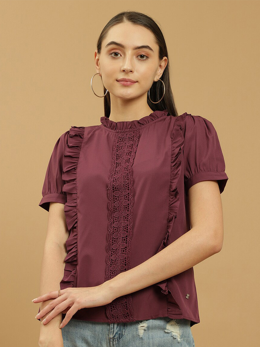 Beatnik High Neck Puff Sleeve Lace Inserts & Ruffled Regular Top