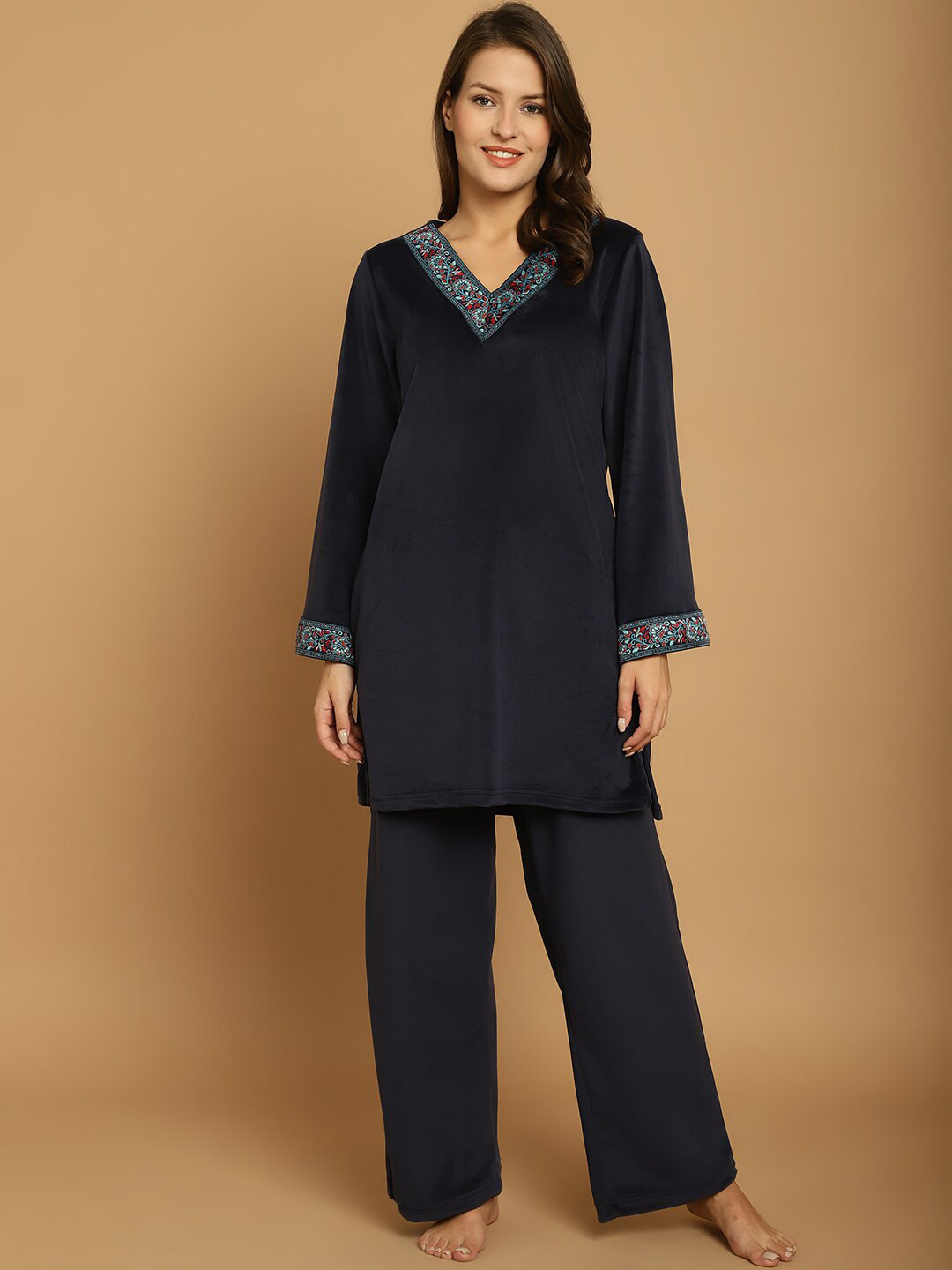 Secret Wish Floral Printed Long Sleeves Velvet  Kurti & Pyjamas