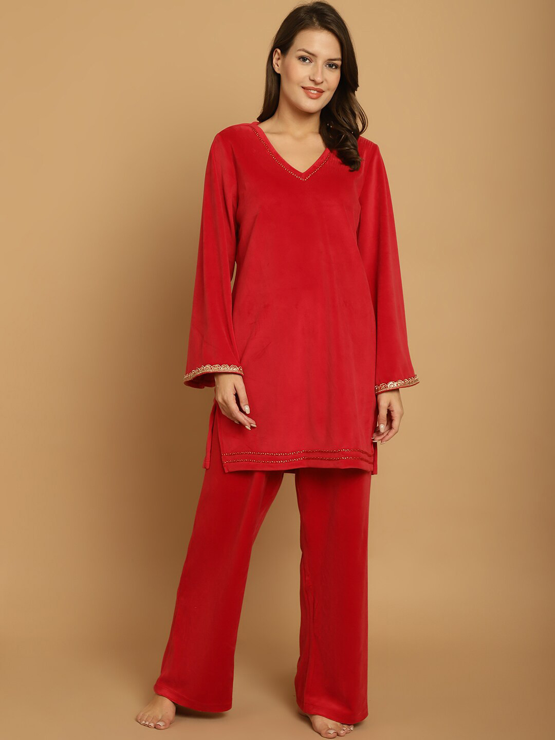 Secret Wish Floral Embroidered Long Sleeves Velvet Kurti & Pyjamas