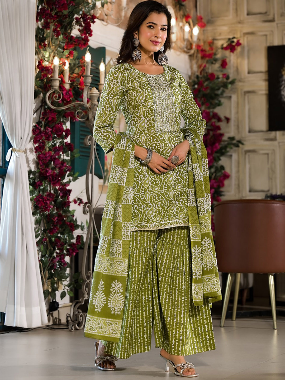 Yufta Olive Green Ethnic Printed Regular Sequinned Cotton Kurta With Sharara & Dupatta